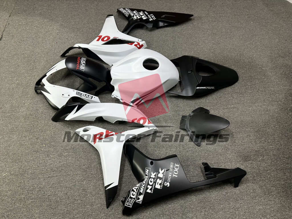 2007 - 2008 Honda CBR600RR Matte White Red Repsol fairing set - ABS injection, custom painted by Monster Fairings