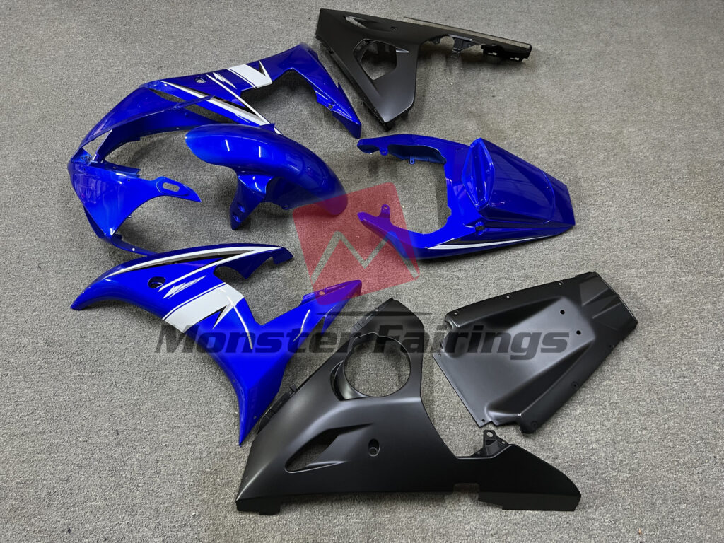 2005 Yamaha R6 Gloss Blue with Matte Black fairing set - ABS injection, custom painted by Monster Fairings