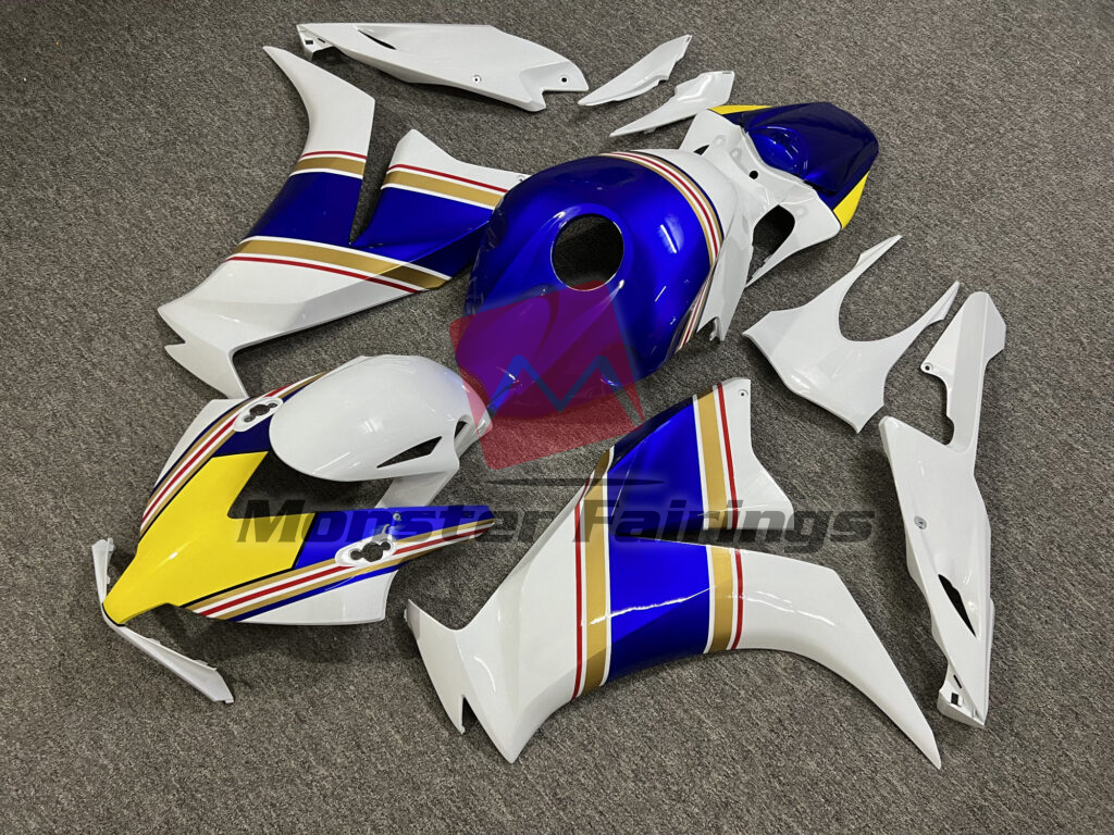 Honda CBR1000RR custom ABS fairings 2012 - 2016 in Gloss White & Candy Blue With Yellow - durable replacement kit, Monster Fairings
