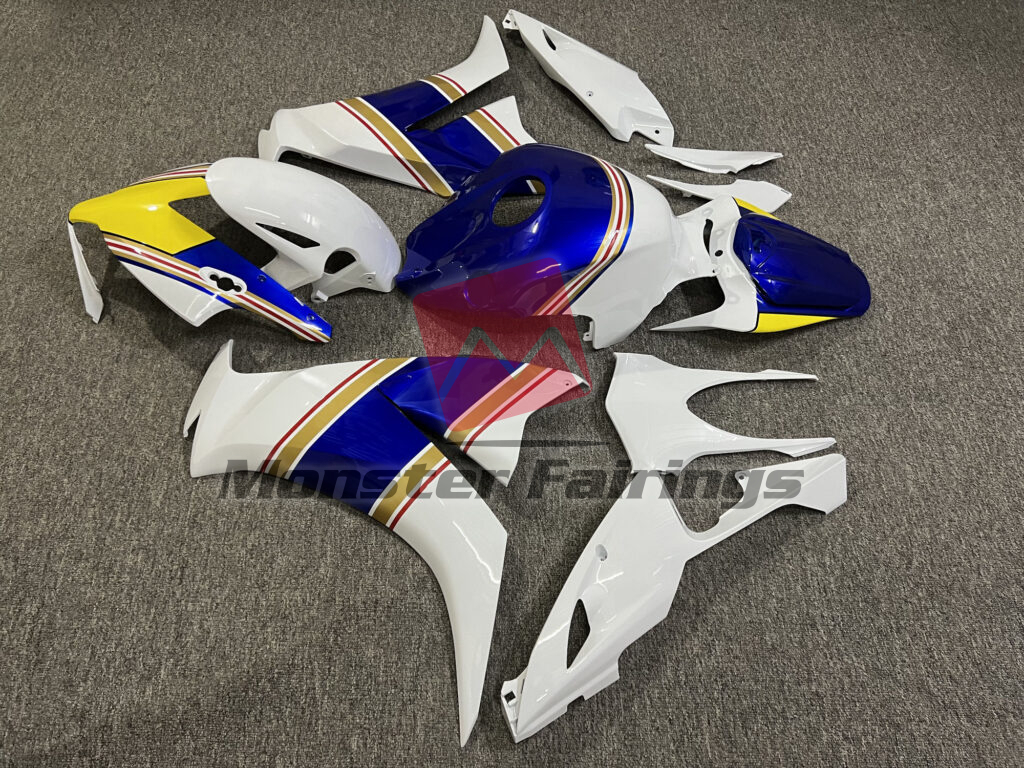 2012 - 2016 Honda CBR1000RR Gloss White & Candy Blue With Yellow fairing set - ABS injection, custom painted by Monster Fairings