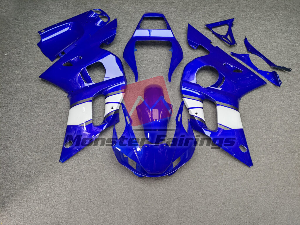 Yamaha R6 1998 - 2002 Gloss Blue & White with Silver ABS fairings - custom motorcycle bodywork kit by Monster Fairings