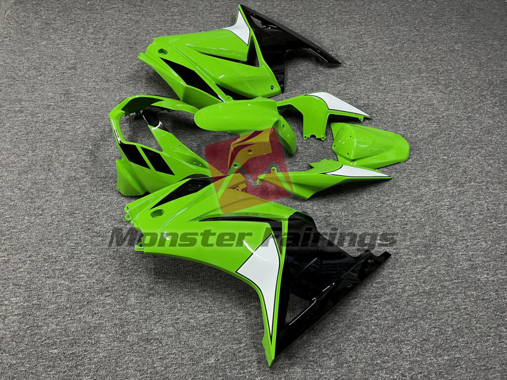 2008 - 2013 Kawasaki Ninja 250 Gloss Green & Black White fairing set - ABS injection, custom painted by Monster Fairings