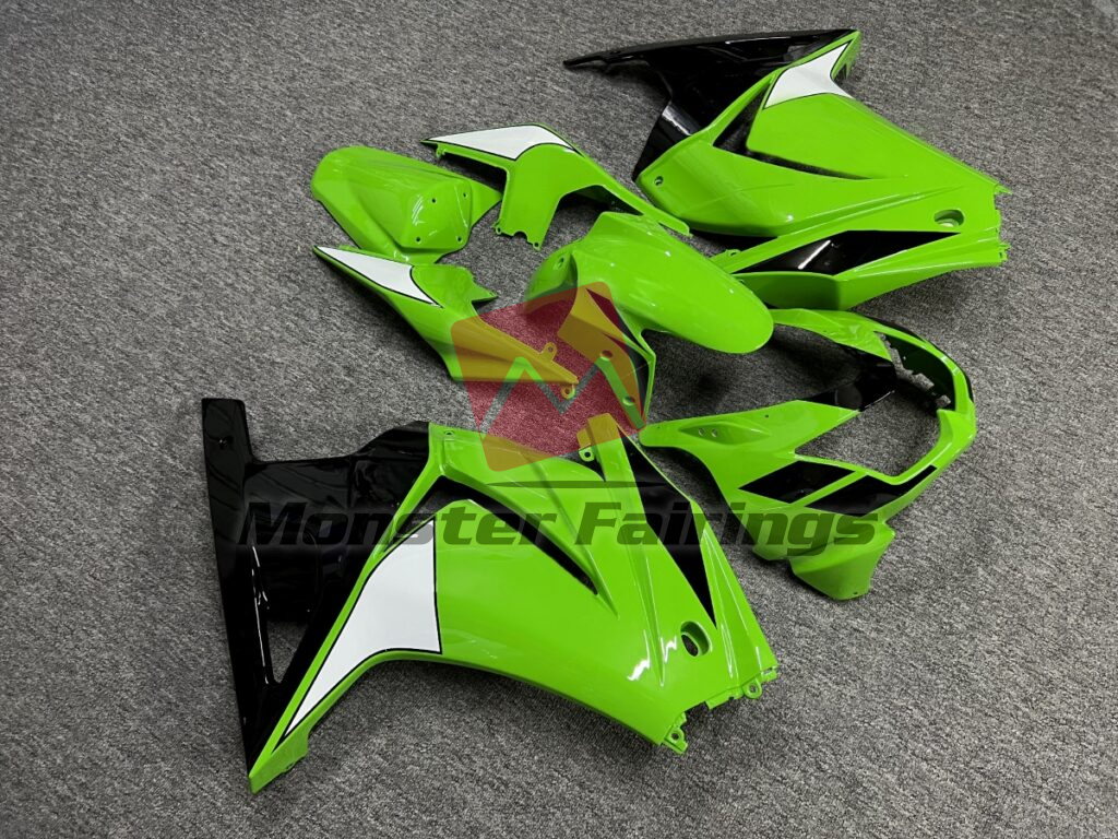 Kawasaki Ninja 250 custom ABS fairings 2008 - 2013 in Gloss Green & Black White - durable replacement kit, Monster Fairings