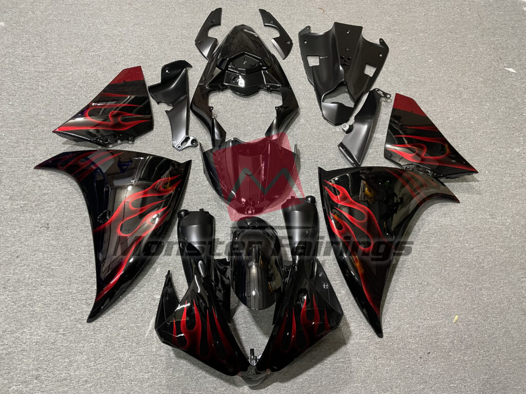 Yamaha R1 2012 - 2014 Red Flame Black ABS fairings - custom motorcycle bodywork kit by Monster Fairings