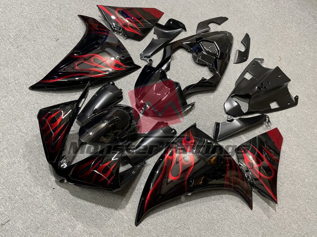 Yamaha R1 custom ABS fairings 2012 - 2014 in Red Flame Black - durable replacement kit, Monster Fairings
