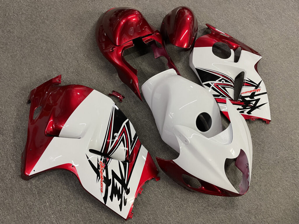 Suzuki GSXR1300 custom ABS fairings 1997 - 2007 in Gloss White & Candy Red - durable replacement kit, Monster Fairings