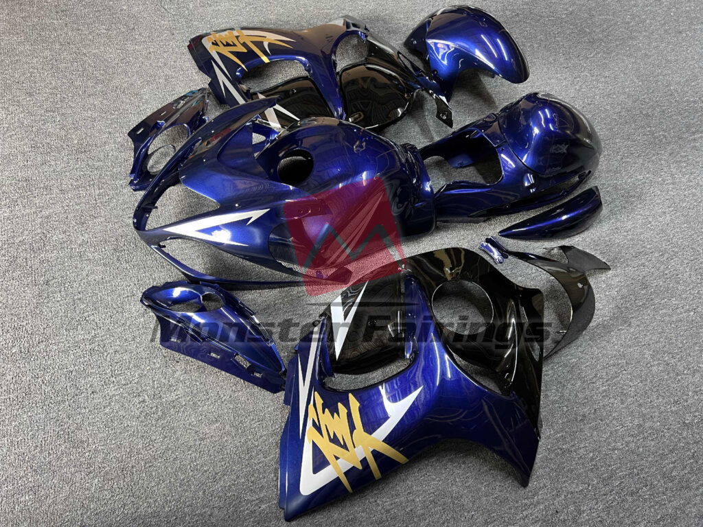 Suzuki GSXR 1300 custom ABS fairings 2008 - 2020 in Gloss Deep Blue With Black & Gold - durable replacement kit, Monster Fairings