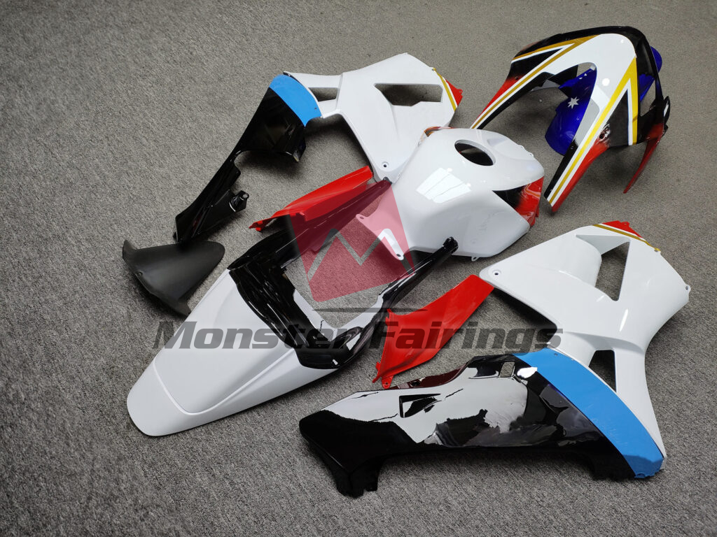 2003 - 2004 Honda CBR600RR Gloss White, Black & Blue With Red fairing set - ABS injection, custom painted by Monster Fairings