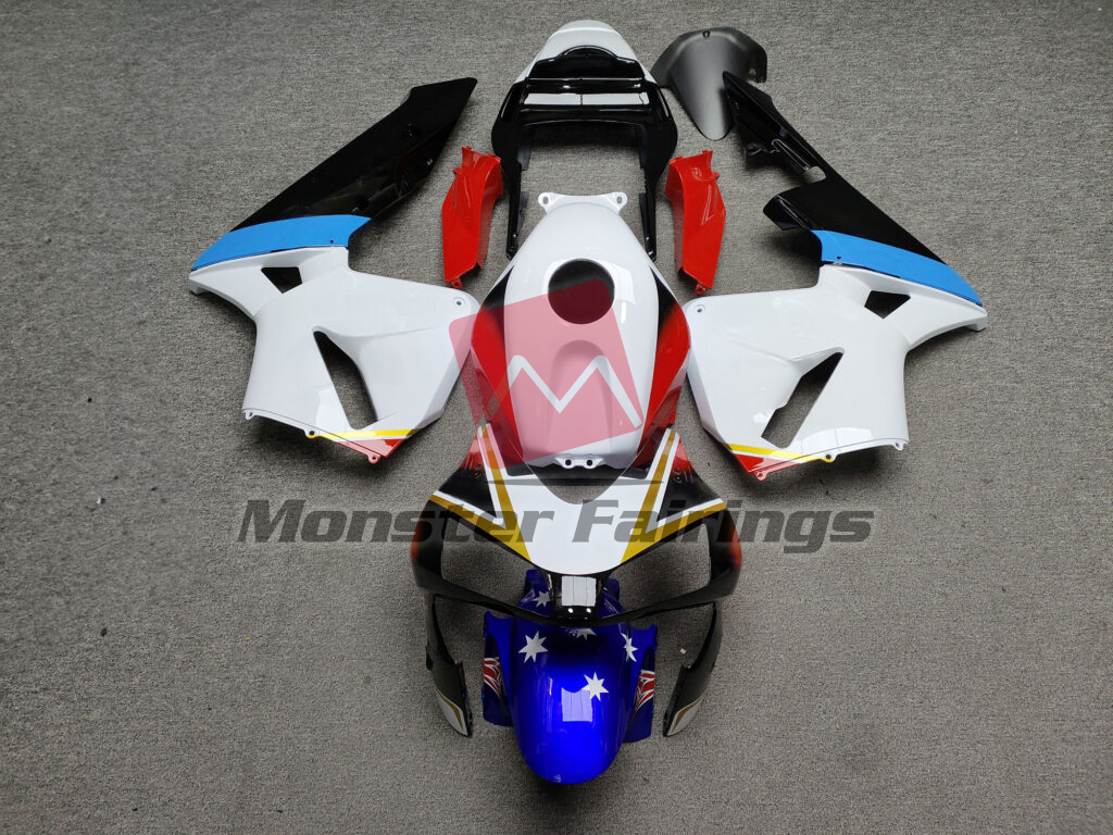Honda CBR600RR 2003 - 2004 Gloss White, Black & Blue With Red ABS fairings - custom motorcycle bodywork kit by Monster Fairings
