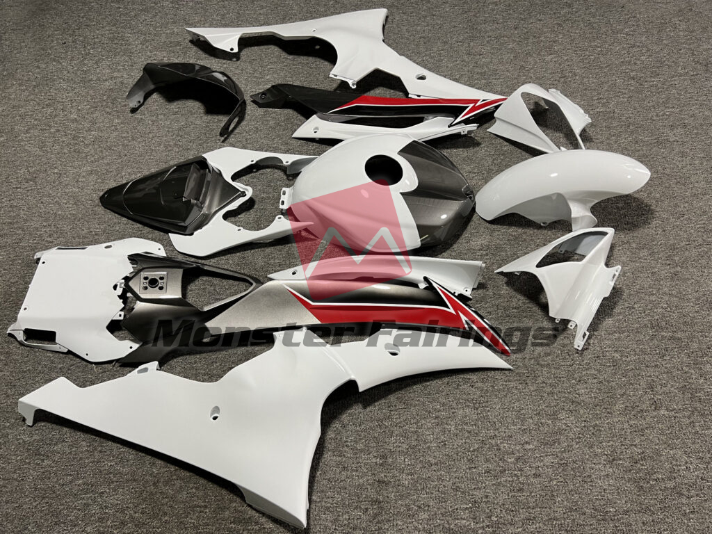 Yamaha R6 custom ABS fairings 2008 - 2016 in Gloss White with Silver & Red - durable replacement kit, Monster Fairings
