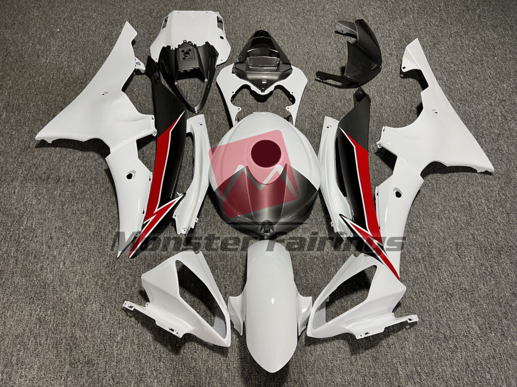 Yamaha R6 2008 - 2016 Gloss White with Silver & Red ABS fairings - custom motorcycle bodywork kit by Monster Fairings