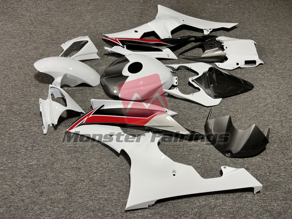 2008 - 2016 Yamaha R6 Gloss White with Silver & Red fairing set - ABS injection, custom painted by Monster Fairings