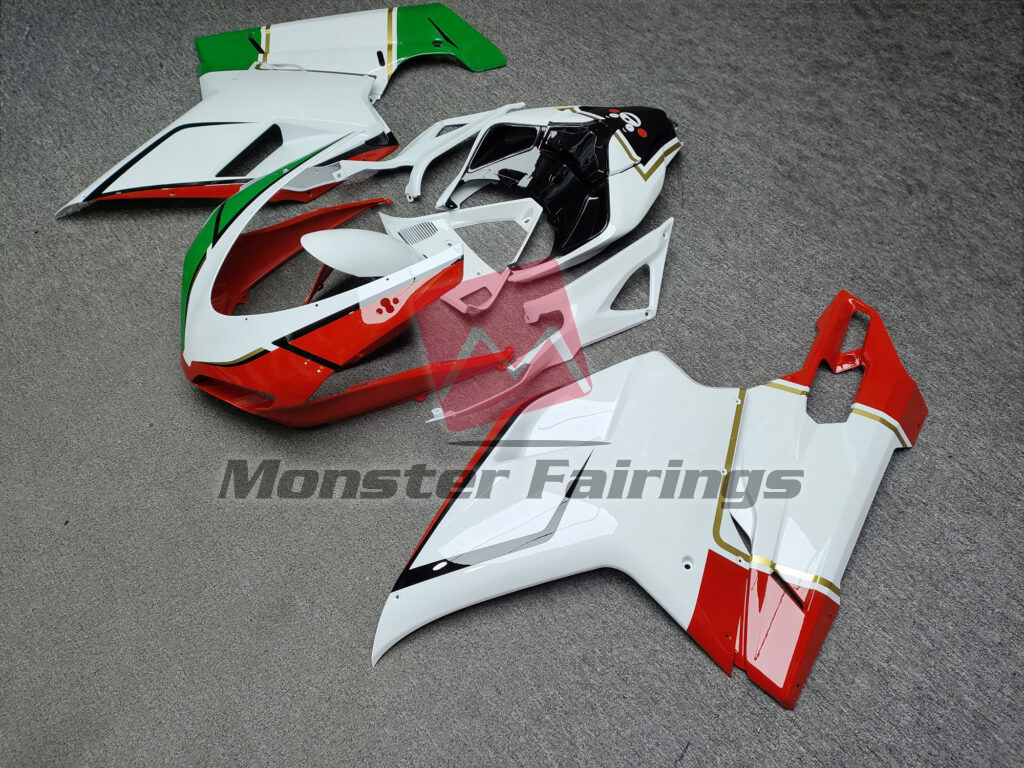 Ducati 848 1098 1198 custom ABS fairings 2007 - 2012 in Gloss White, Red & Black with Green - durable replacement kit, Monster Fairings