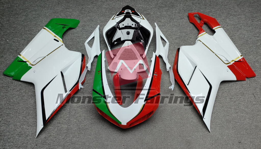 Ducati 848 1098 1198 2007 - 2012 Gloss White, Red & Black with Green ABS fairings - custom motorcycle bodywork kit by Monster Fairings