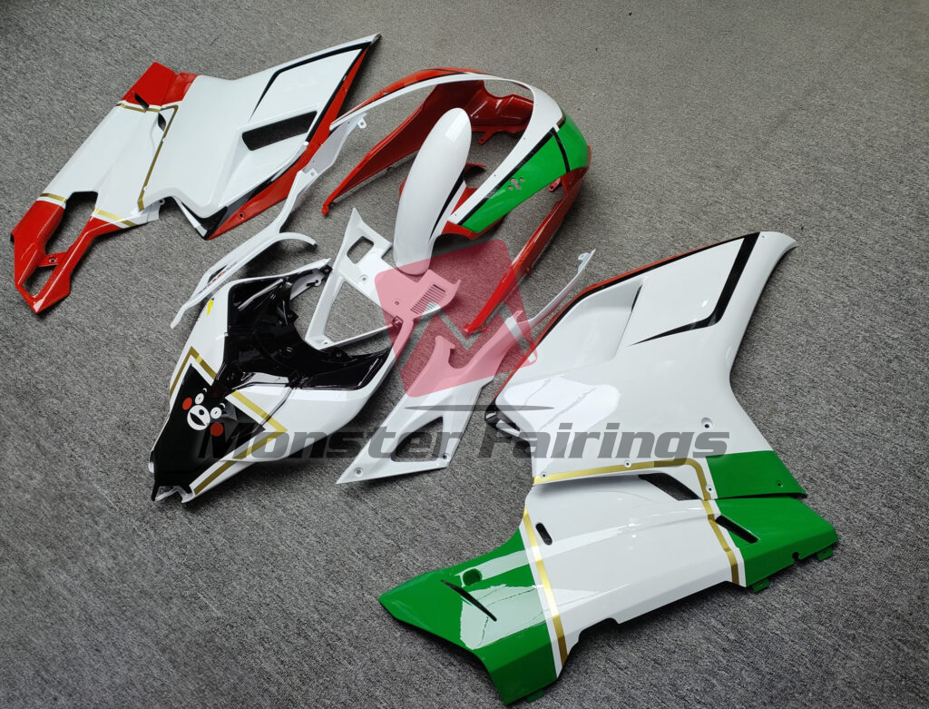 2007 - 2012 Ducati 848 1098 1198 Gloss White, Red & Black with Green fairing set - ABS injection, custom painted by Monster Fairings