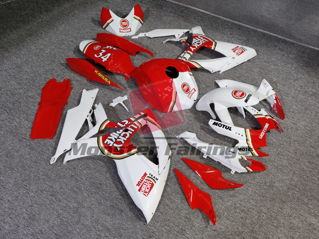 Suzuki GSXR custom ABS fairings 2006 - 2007 in White & Red Lucky Strike - durable replacement kit, Monster Fairings