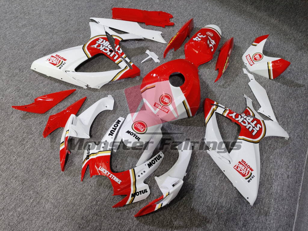 2006 - 2007 Suzuki GSXR White & Red Lucky Strike fairing set - ABS injection, custom painted by Monster Fairings
