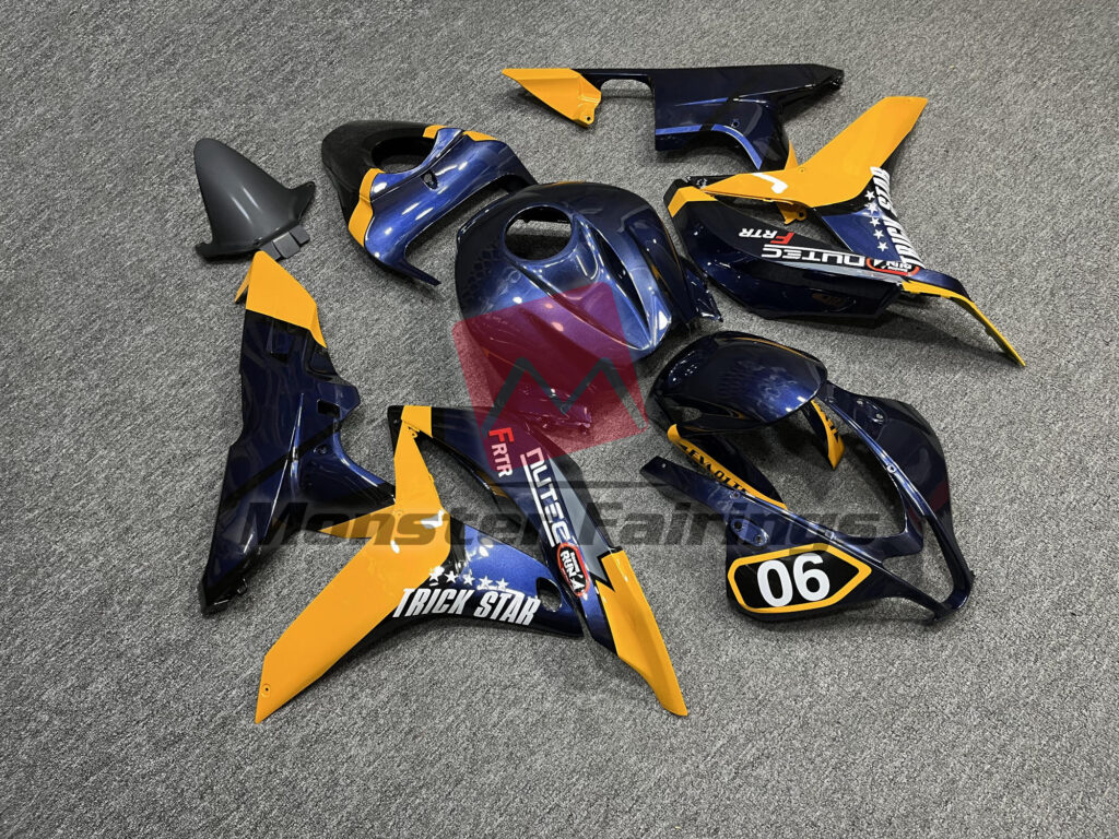 2007 - 2008 Honda CBR600RR Gloss Special Deep Blue & Yellow fairing set - ABS injection, custom painted by Monster Fairings