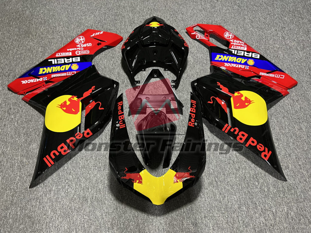 Ducati 848 1098 1198 2007 - 2012 Gloss Black & Red with Yellow Bull ABS fairings - custom motorcycle bodywork kit by Monster Fairings