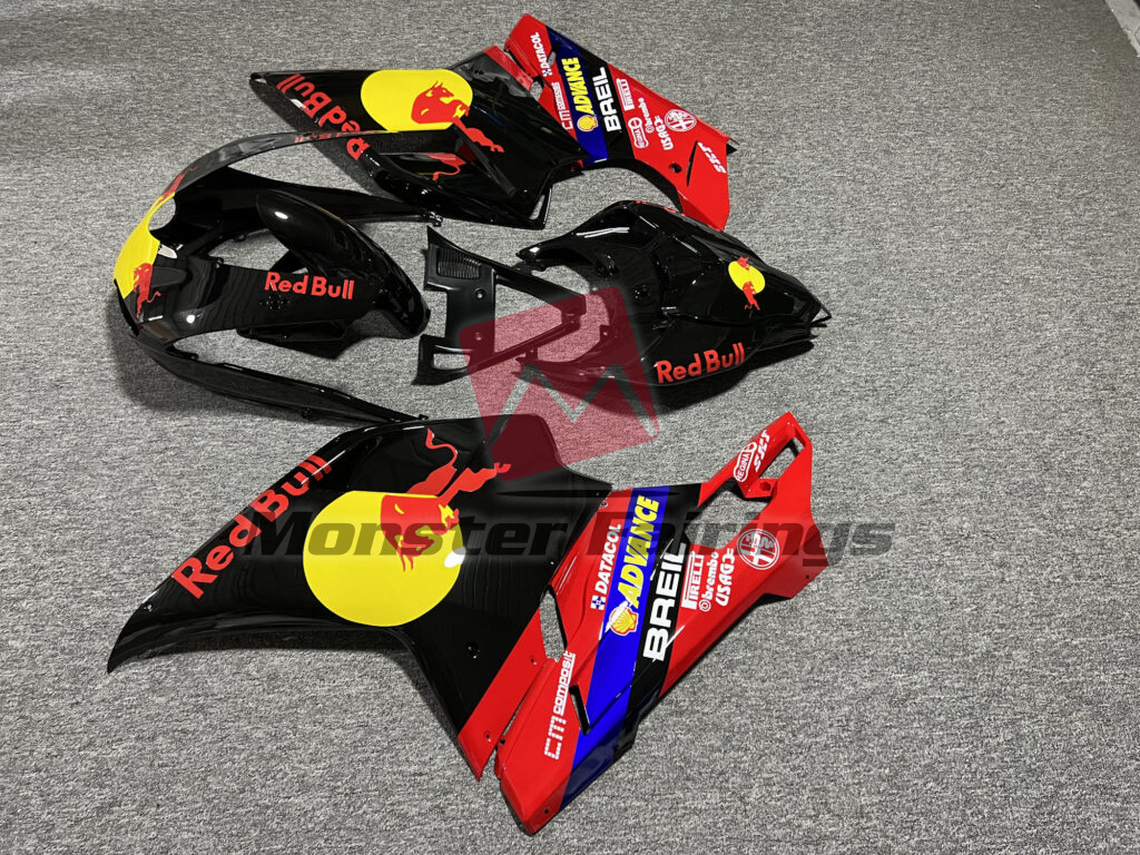 Ducati 848 1098 1198 custom ABS fairings 2007 - 2012 in Gloss Black & Red with Yellow Bull - durable replacement kit, Monster Fairings