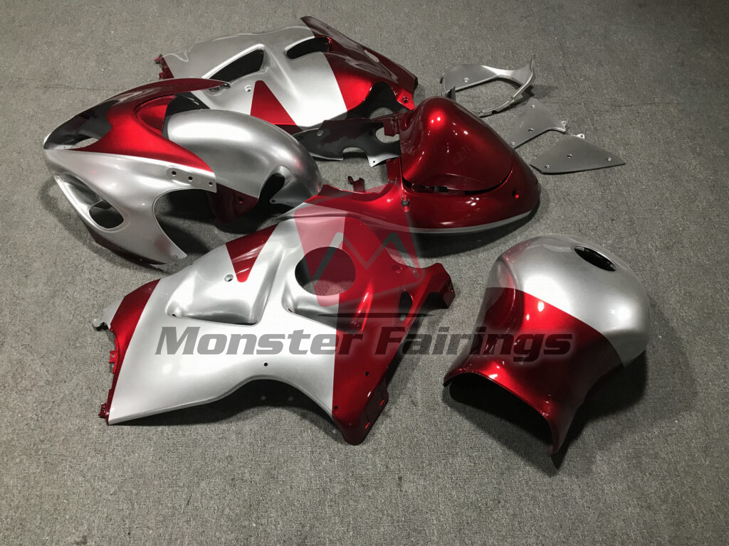 1997 - 2007 Suzuki GSXR1300 Gloss Silver & Red fairing set - ABS injection, custom painted by Monster Fairings