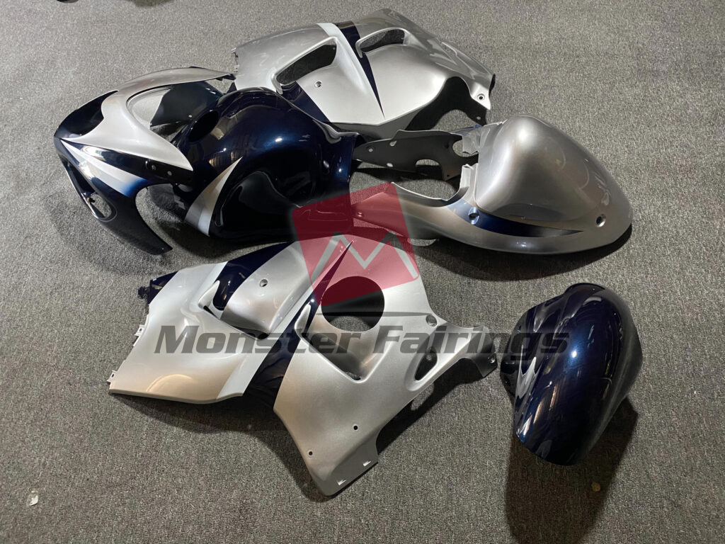 1997 - 2007 Suzuki GSXR 1300 Silver and Blue fairing set - ABS injection, custom painted by Monster Fairings