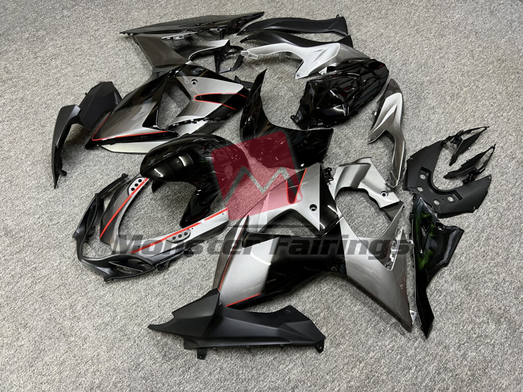 Suzuki GSXR 1000 custom ABS fairings 2009 - 2016 in Gloss Silver & Black With Red - durable replacement kit, Monster Fairings