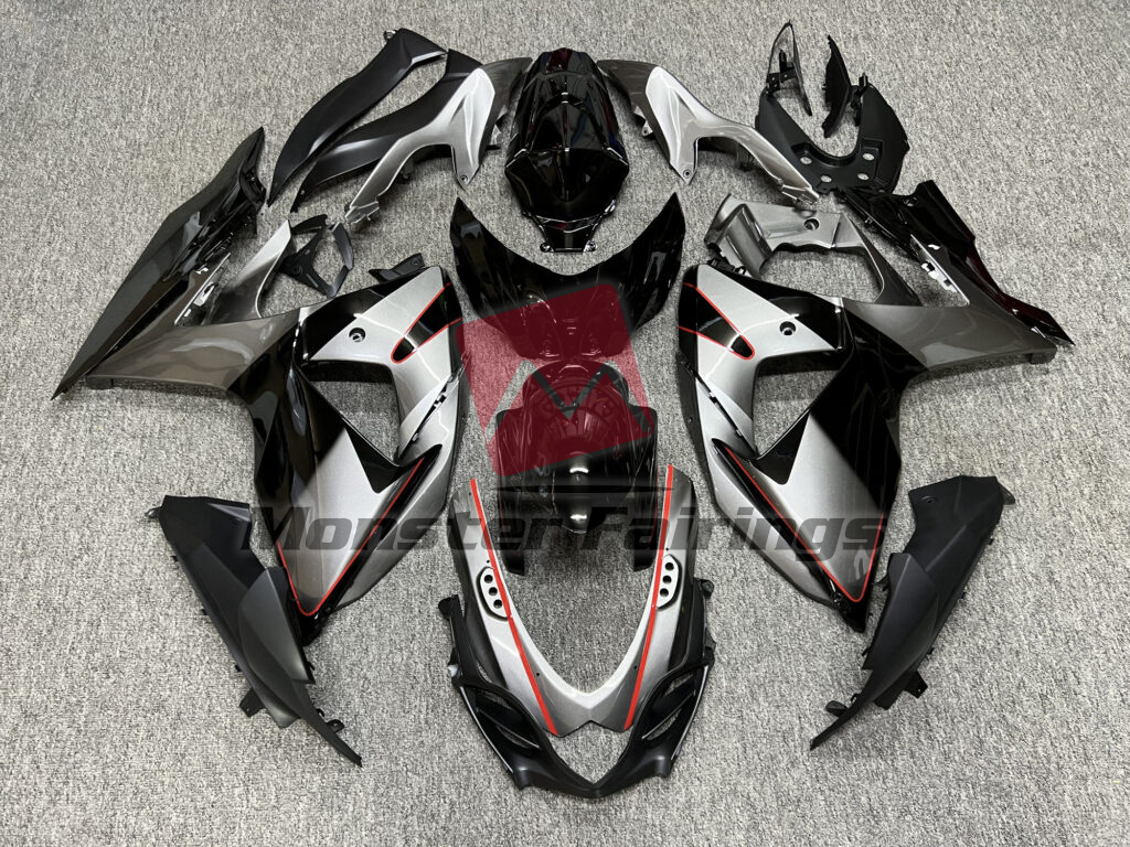Suzuki GSXR 1000 2009 - 2016 Gloss Silver & Black With Red ABS fairings - custom motorcycle bodywork kit by Monster Fairings