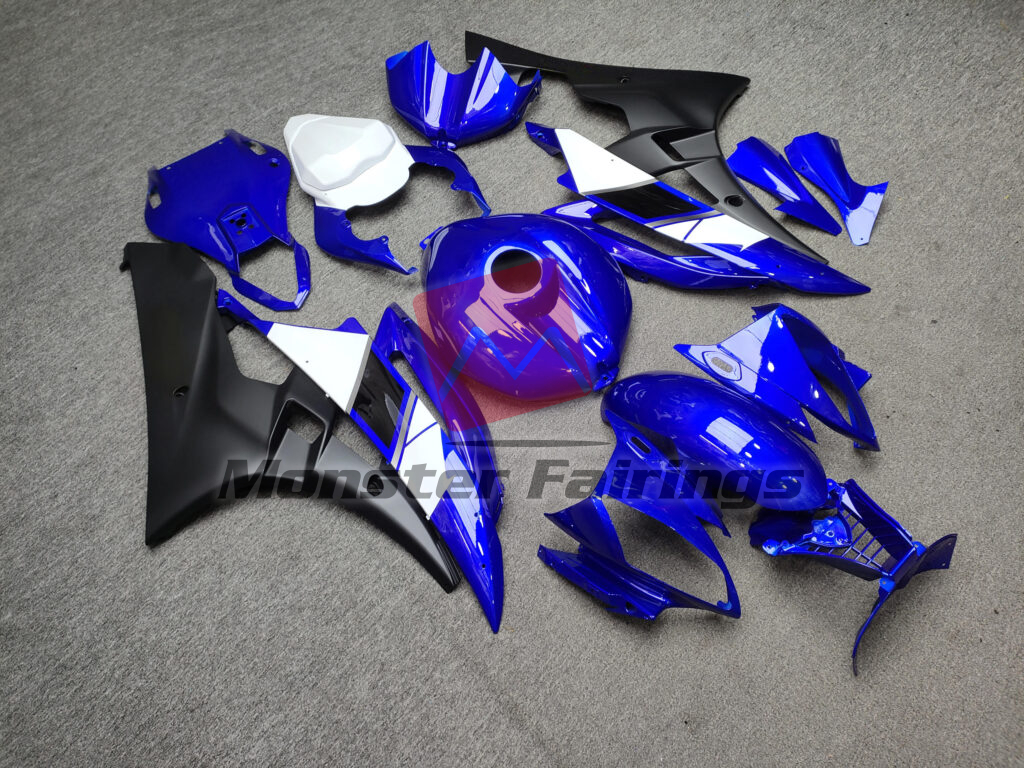 Yamaha R6 custom ABS fairings 2006 - 2007 in Gloss Blue & White with Matte Black - durable replacement kit, Monster Fairings