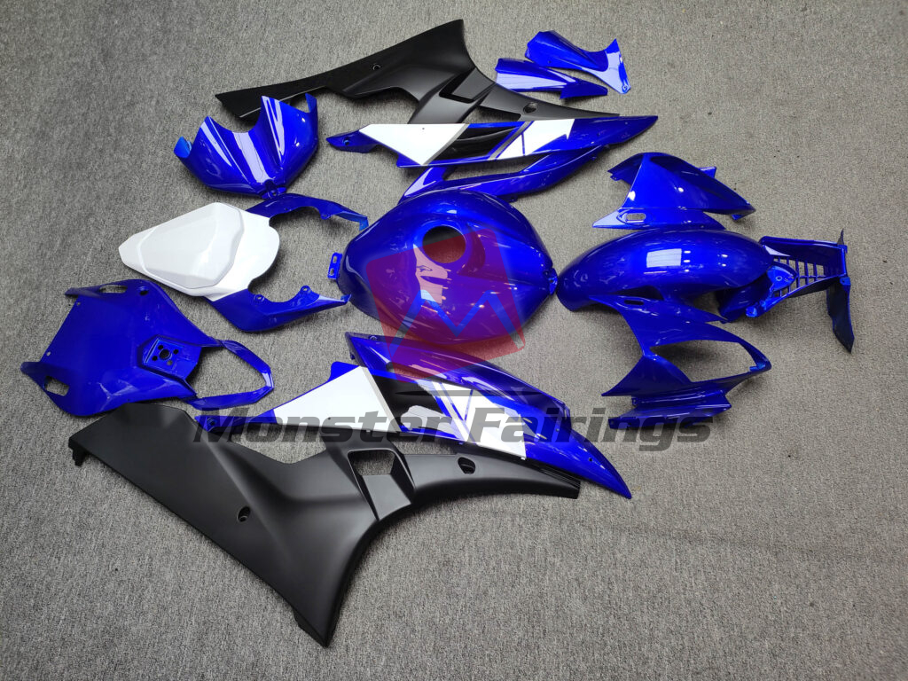 2006 - 2007 Yamaha R6 Gloss Blue & White with Matte Black fairing set - ABS injection, custom painted by Monster Fairings