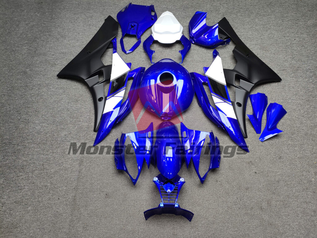 Yamaha R6 2006 - 2007 Gloss Blue & White with Matte Black ABS fairings - custom motorcycle bodywork kit by Monster Fairings