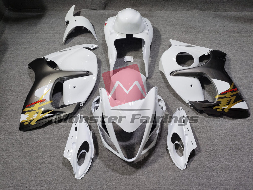 Suzuki GSXR 1300 2008 - 2020 Gloss White with Silver & Gold ABS fairings - custom motorcycle bodywork kit by Monster Fairings