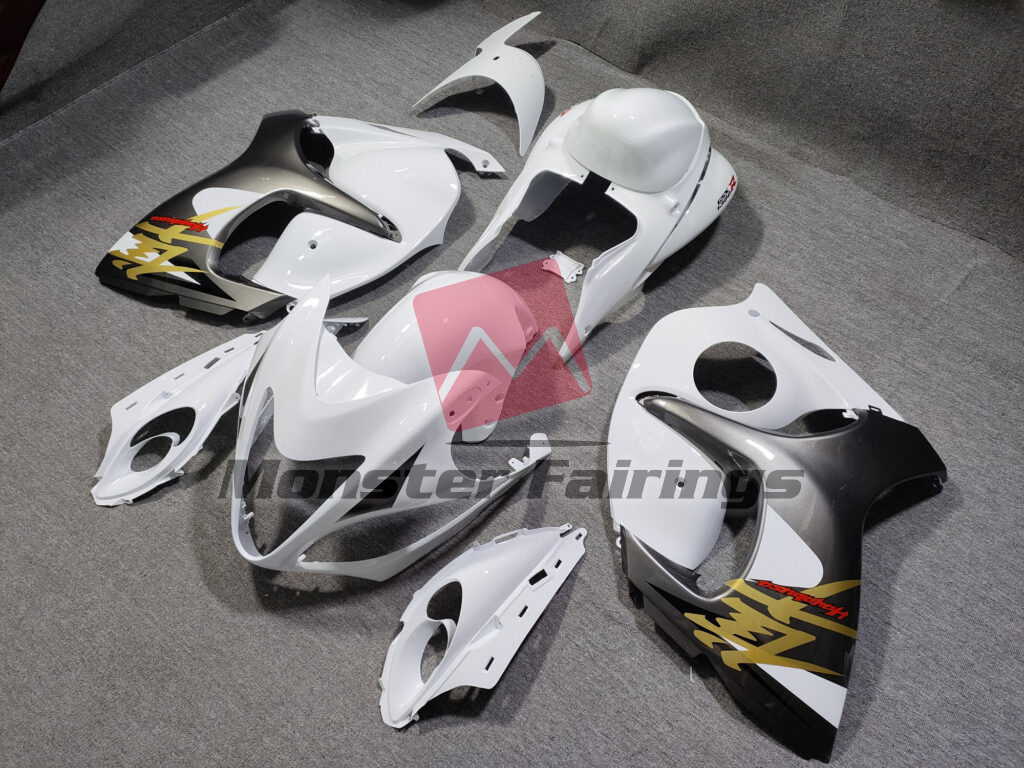 Gloss White with Silver & Gold ABS fairings for Suzuki GSXR 1300 2008 - 2020 - premium OEM fit kit by Monster Fairings
