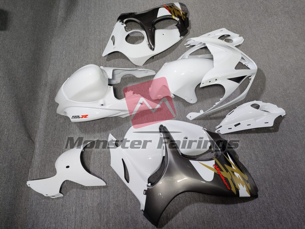 Suzuki GSXR 1300 custom ABS fairings 2008 - 2020 in Gloss White with Silver & Gold - durable replacement kit, Monster Fairings
