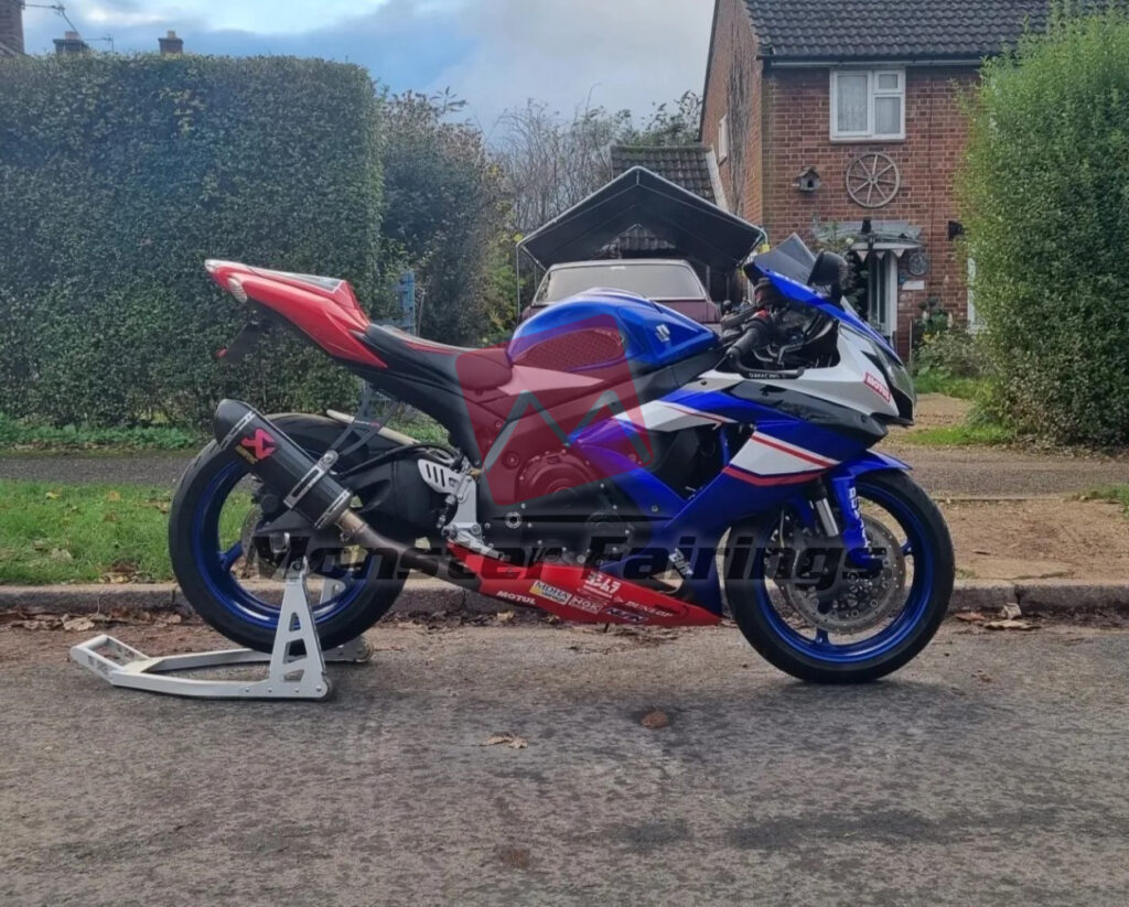 2008 - 2010 Suzuki GSXR Red Blue and White Gloss Custom Style fairing set - ABS injection, custom painted by Monster Fairings