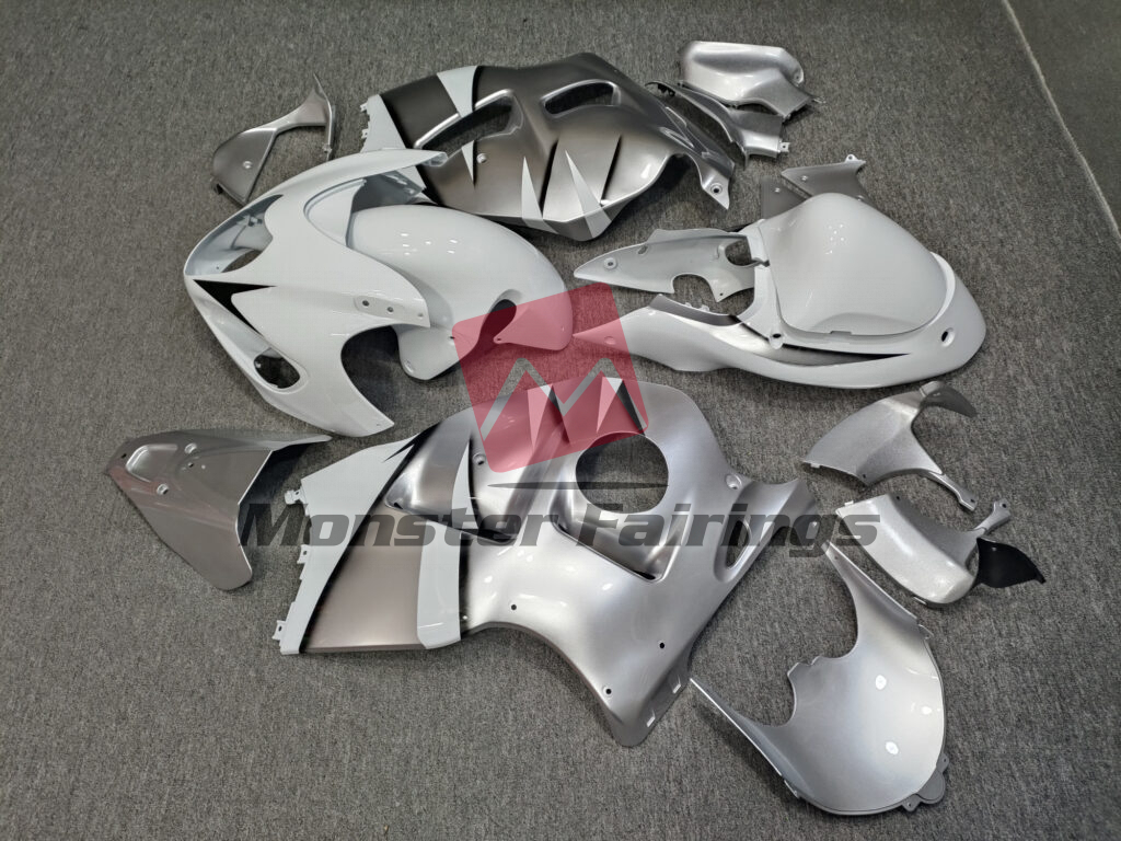 Suzuki GSXR 1300 custom ABS fairings 1997 - 2007 in Gloss Silver & White OEM Style - durable replacement kit, Monster Fairings