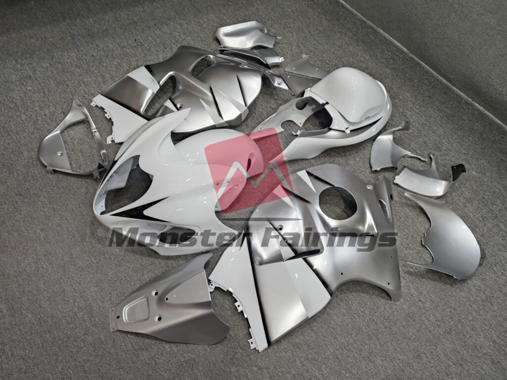 1997 - 2007 Suzuki GSXR 1300 Gloss Silver & White OEM Style fairing set - ABS injection, custom painted by Monster Fairings