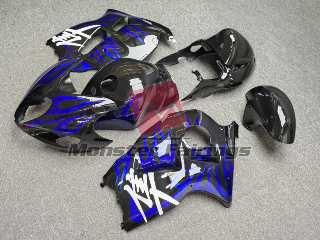 1997 - 2007 Suzuki GSXR 1300 Gloss Black with Deep Blue Flames fairing set - ABS injection, custom painted by Monster Fairings