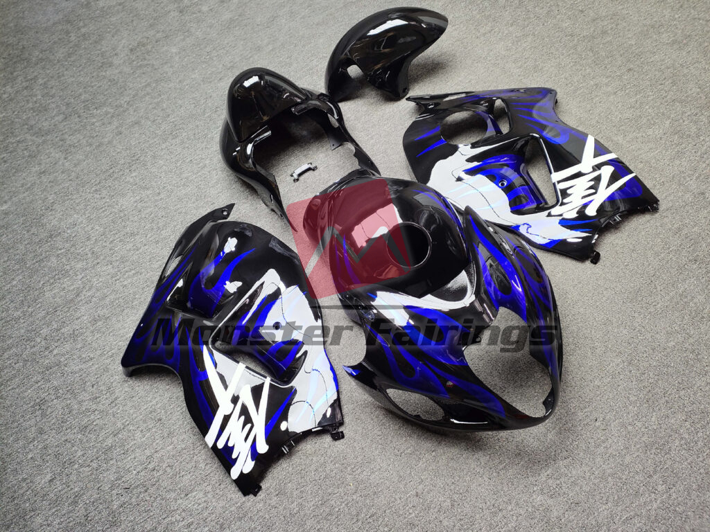 Gloss Black with Deep Blue Flames ABS fairings for Suzuki GSXR 1300 1997 - 2007 - premium OEM fit kit by Monster Fairings