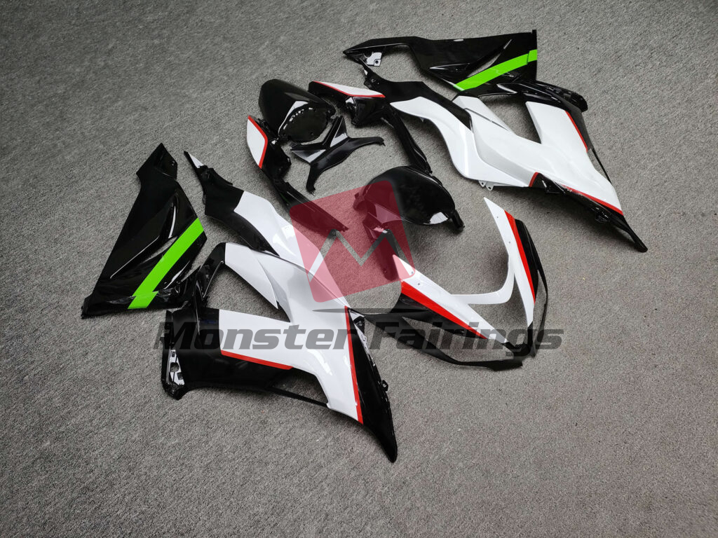 Kawasaki ZX6R custom ABS fairings 2013 - 2018 in Gloss White, Black with Green & Red - durable replacement kit, Monster Fairings