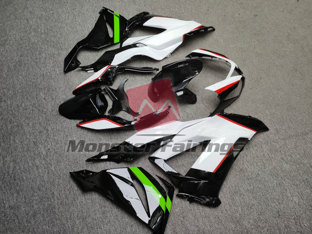 2013 - 2018 Kawasaki ZX6R Gloss White, Black with Green & Red fairing set - ABS injection, custom painted by Monster Fairings