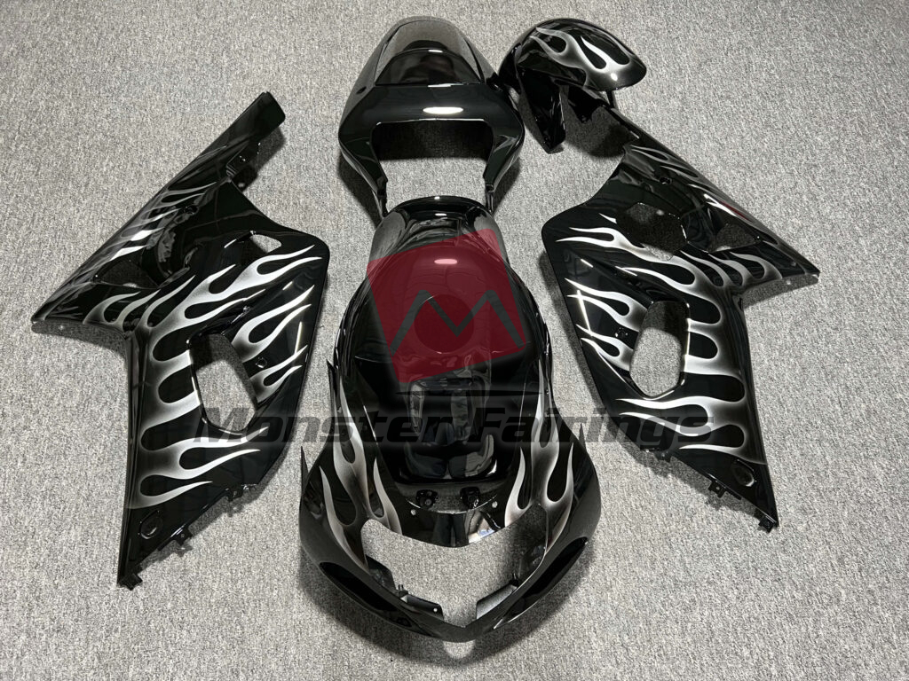 Suzuki GSXR 600 - 750 2001 - 2003 Gloss Black with White Flames ABS fairings - custom motorcycle bodywork kit by Monster Fairings