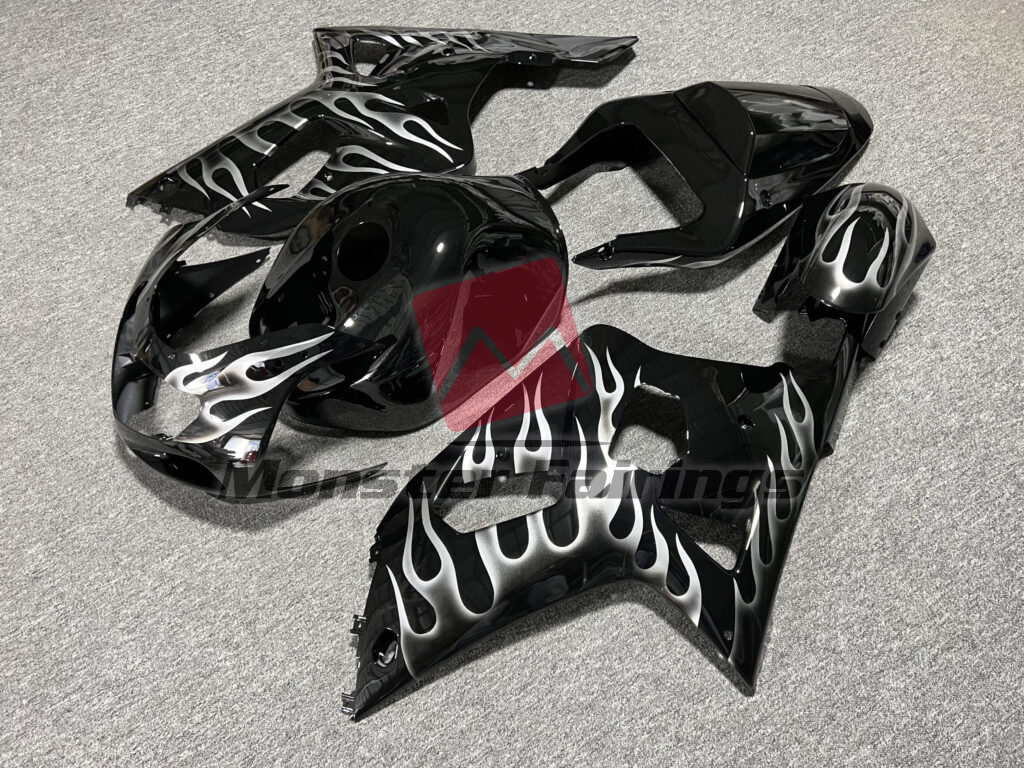 Suzuki GSXR custom ABS fairings 2001 - 2003 in Gloss Black with White Flames - durable replacement kit, Monster Fairings