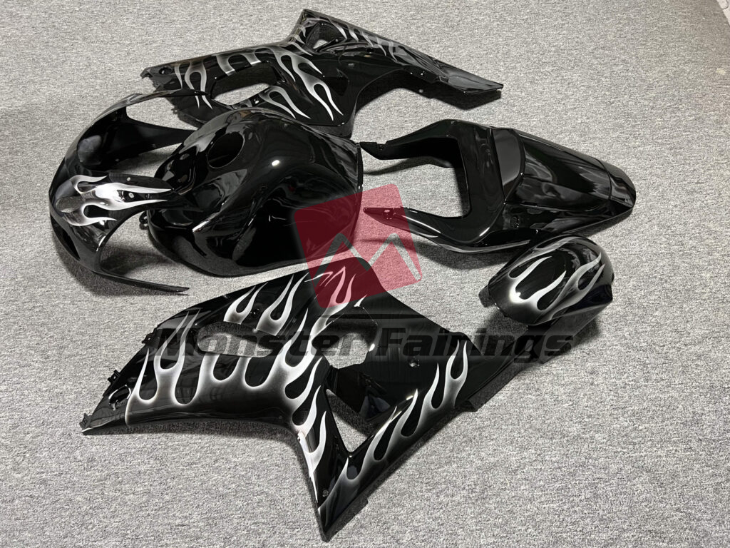 2001 - 2003 Suzuki GSXR Gloss Black with White Flames fairing set - ABS injection, custom painted by Monster Fairings