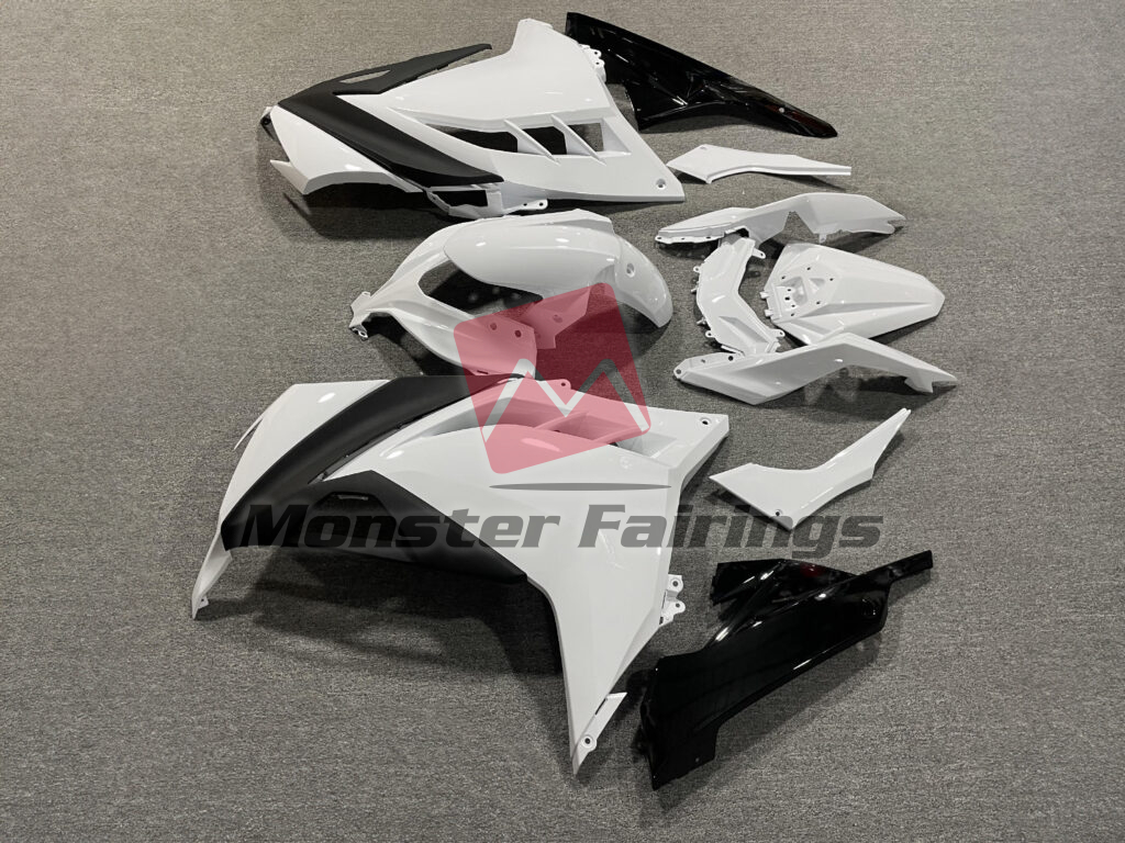 Kawasaki Ninja 300 custom ABS fairings 2013 - 2022 in Gloss White & Black - durable replacement kit, Monster Fairings