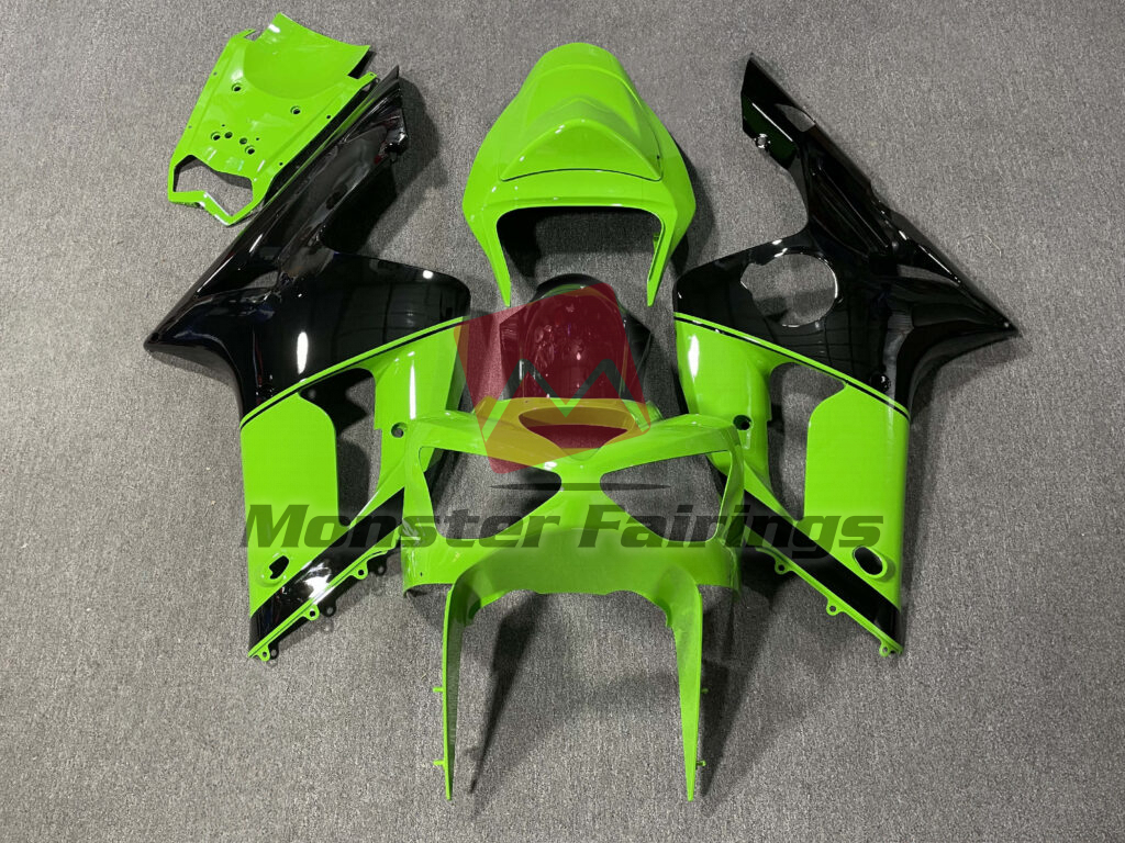 Kawasaki ZX6R 2003 - 2004 Gloss Lime Green & Black ABS fairings - custom motorcycle bodywork kit by Monster Fairings