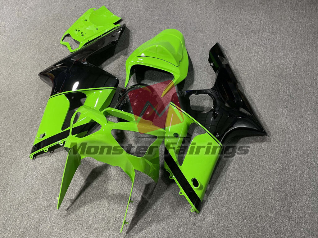 Kawasaki ZX6R custom ABS fairings 2003 - 2004 in Gloss Lime Green & Black - durable replacement kit, Monster Fairings