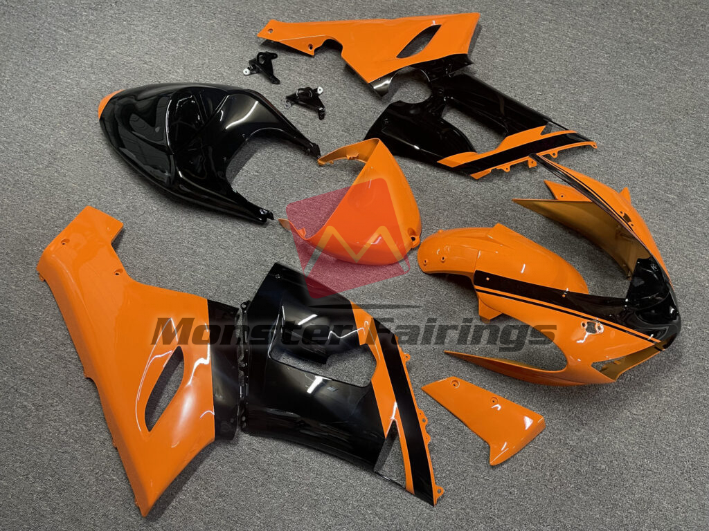 2005 - 2006 Kawasaki ZX6R Gloss Orange & Black fairing set - ABS injection, custom painted by Monster Fairings