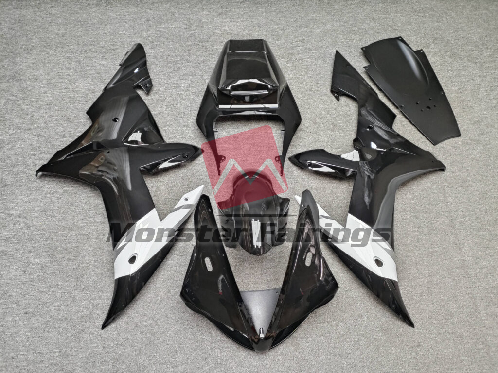 Yamaha R1 2002 - 2003 Gloss Black & White with Silver ABS fairings - custom motorcycle bodywork kit by Monster Fairings