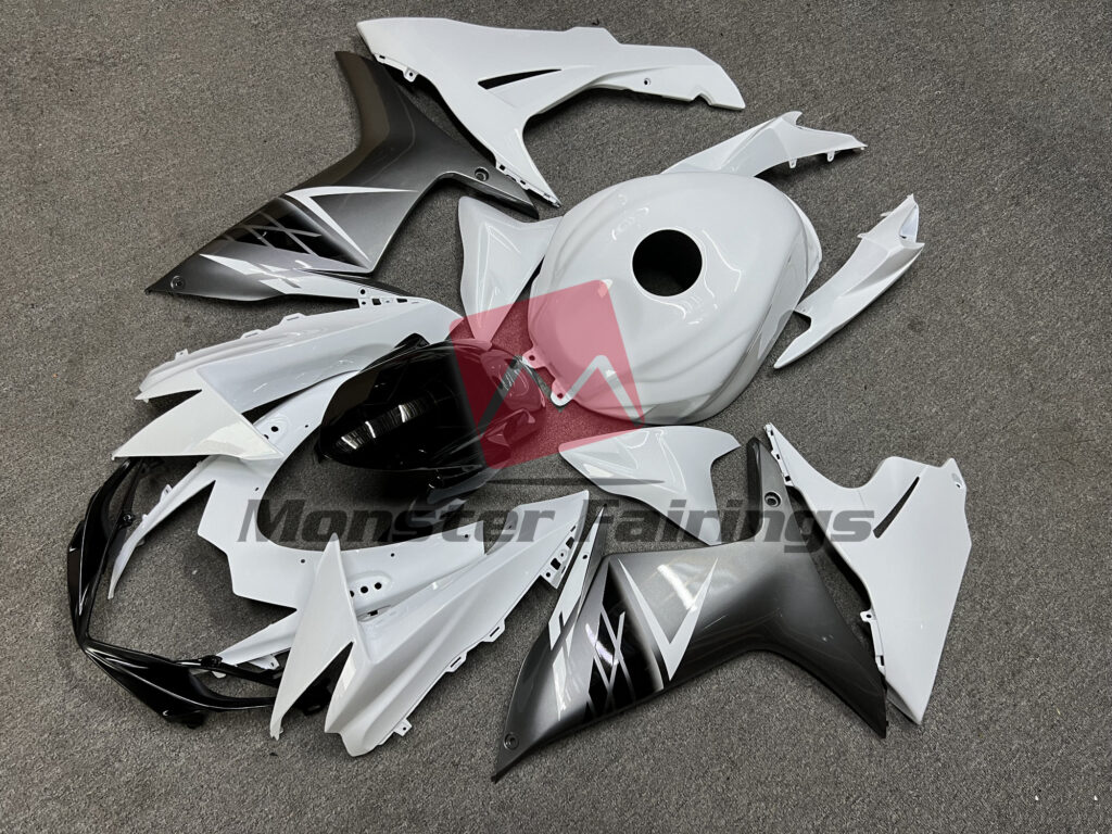 Suzuki GSXR custom ABS fairings 2011 - 2025 in Gloss White & Silver - durable replacement kit, Monster Fairings